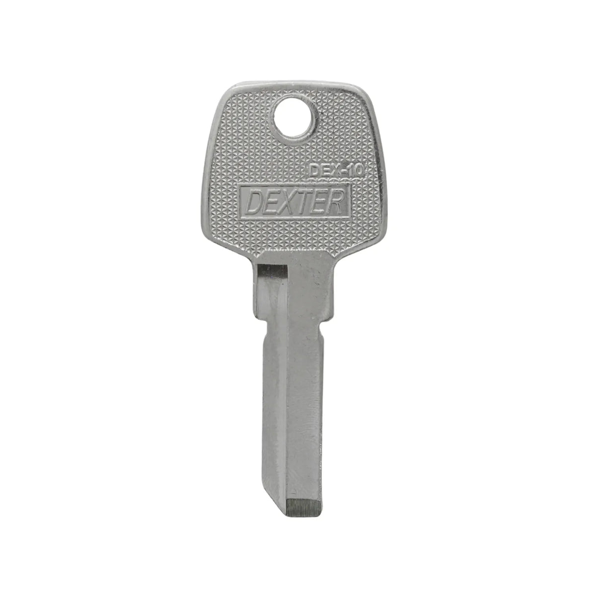 Llave para duplicado Dexter DEX-10 de acabado metálico plateado para cerrajería y seguridad.