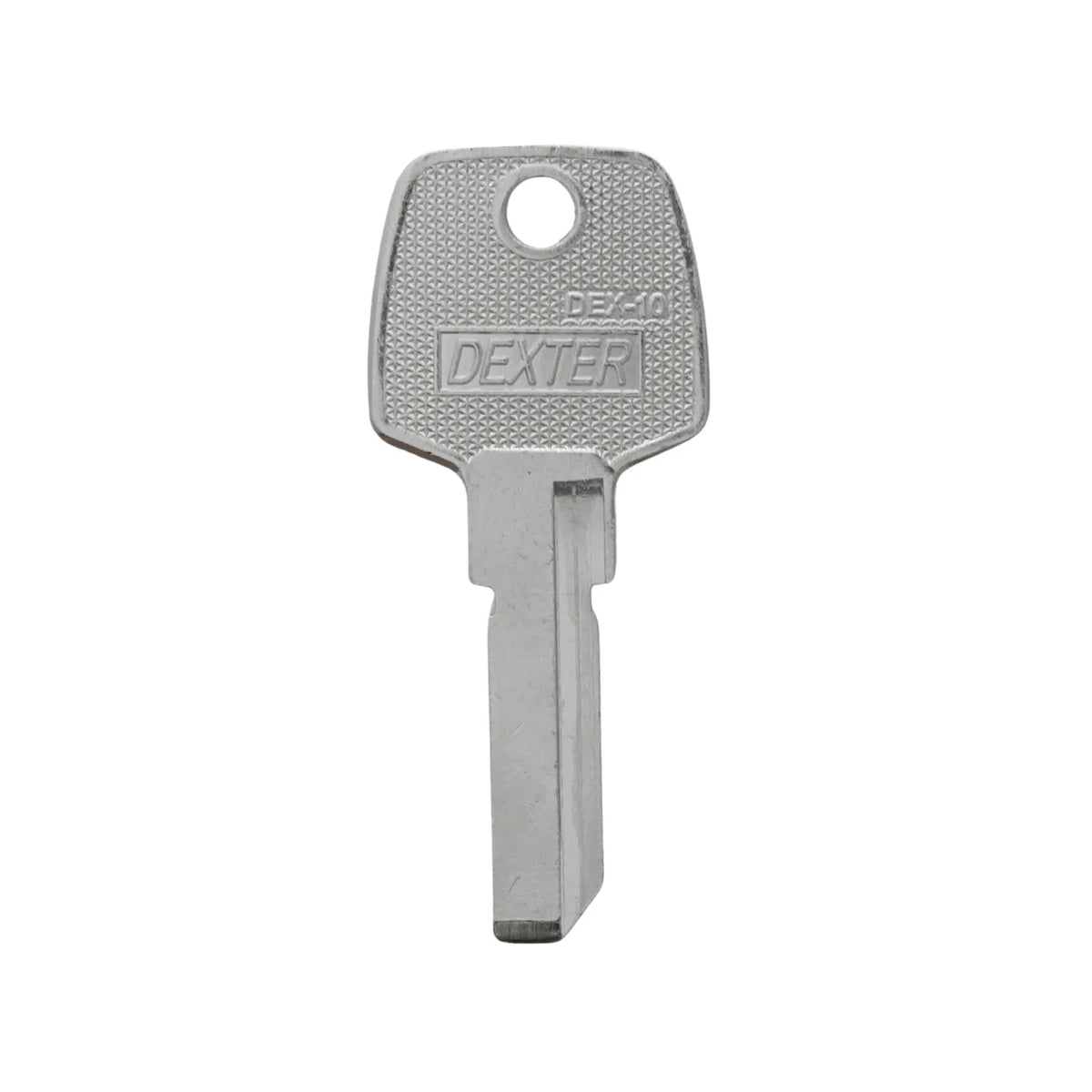 Llave virgen Dexter DEX-10 de metal plateado para duplicado y cerrajería profesional.