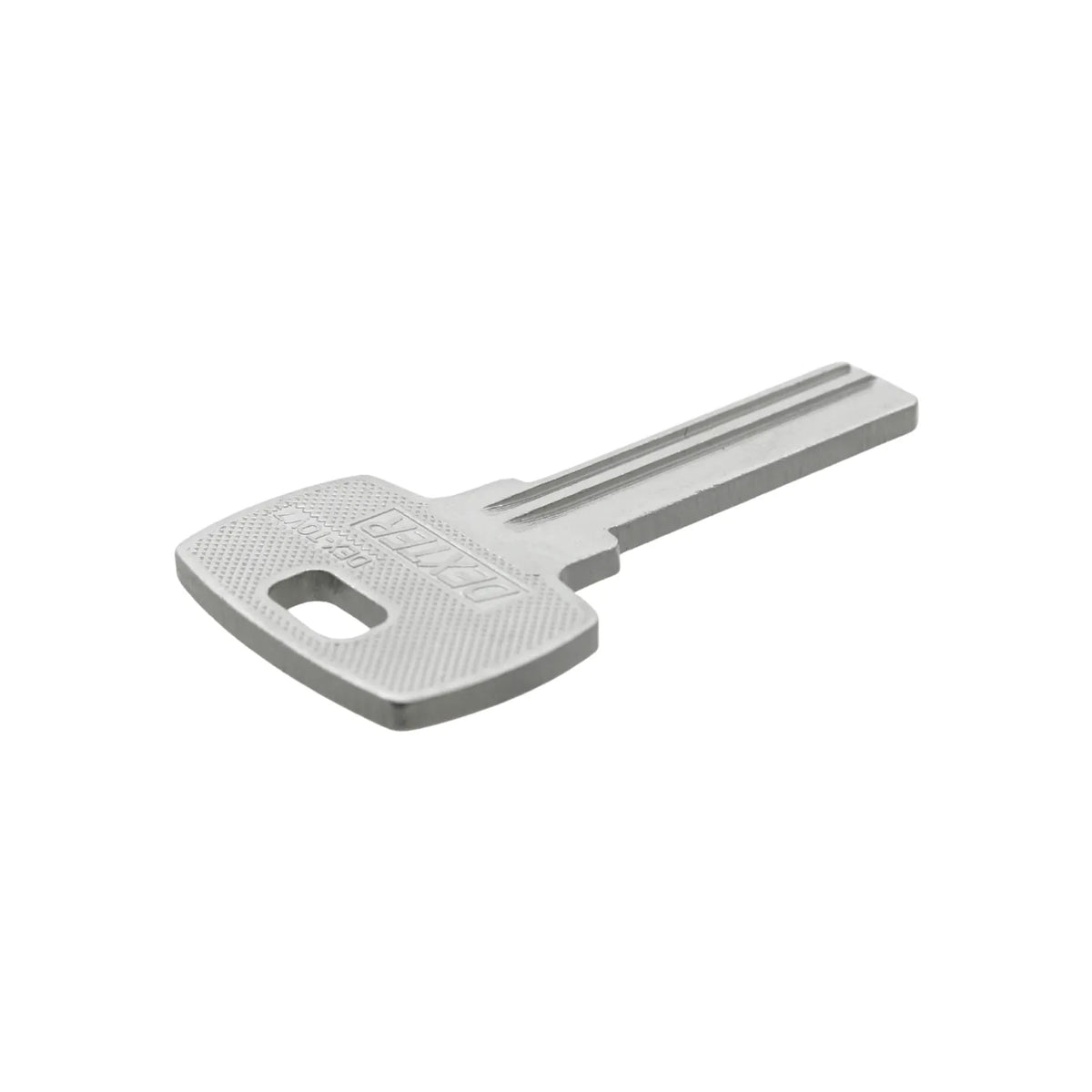 Llave en bruto Dexter DEX-10V de metal plateado para duplicados y cerrajería profesional de alta precisión.