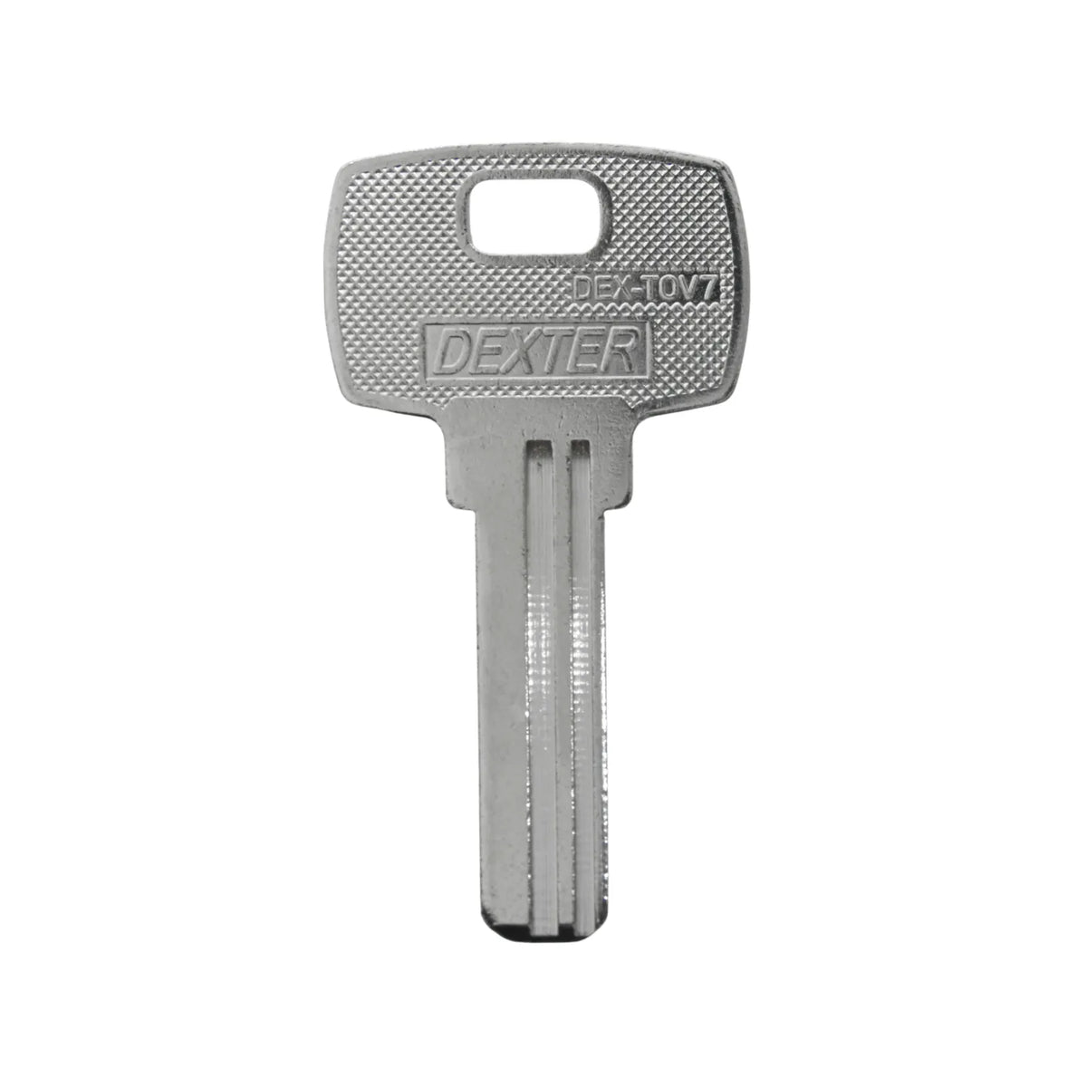 Llave virgen Dexter DEX-TOV7 metálica para duplicado de cerraduras residenciales acabado plateado.