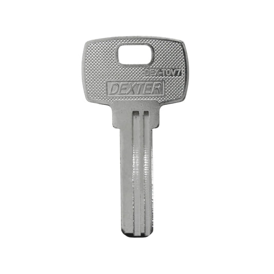 Llave virgen Dexter DEX-TOV7 metálica para duplicado de cerraduras residenciales acabado plateado.