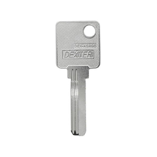 Llave Dexter plateada modelo DEX-ASH9D virgen de cabeza cuadrada para duplicados y cerrajería profesional.