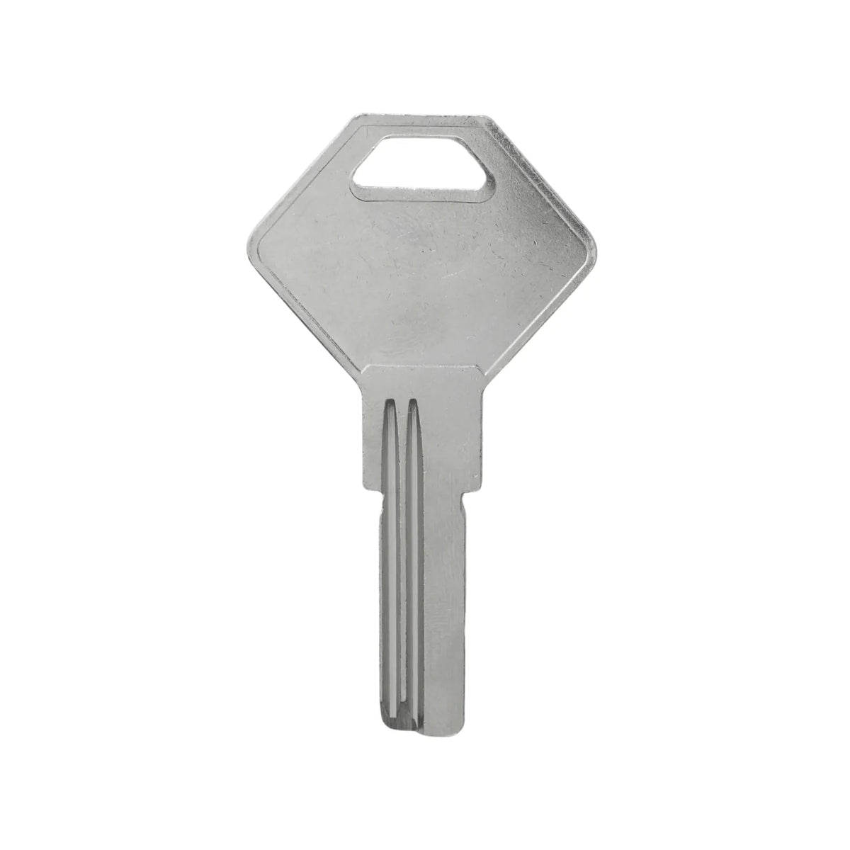 Llave metálica plateada para candados con cabeza poligonal para copias y repuestos de cerrajería.