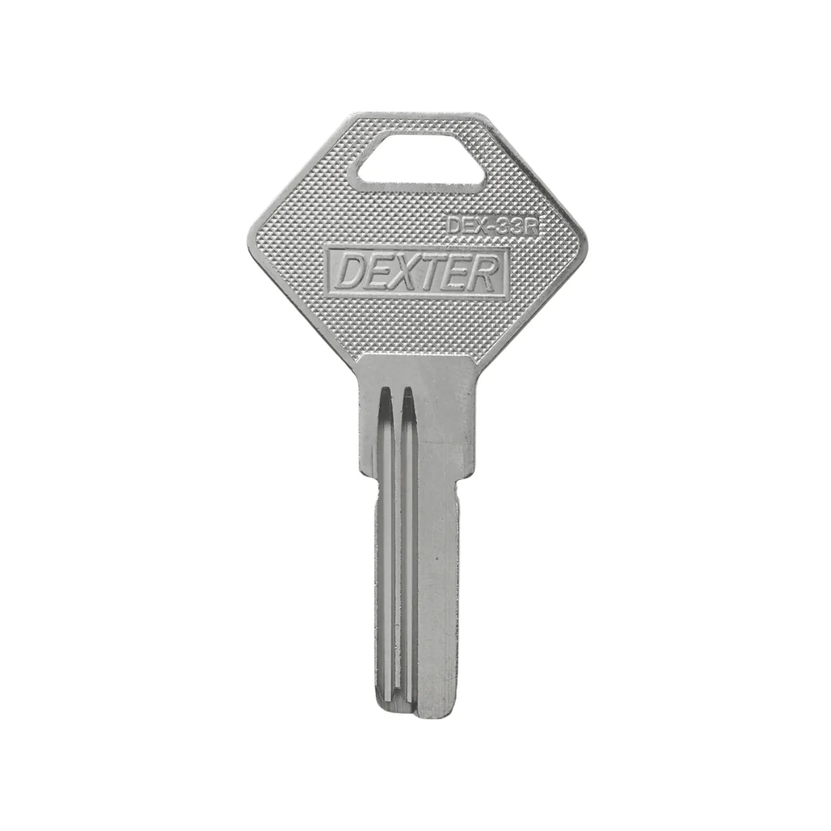 Llave en bruto Dexter DEX-33R de metal plateado con cabeza romboidal para duplicados de cerrajería.