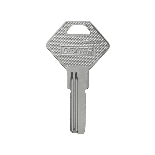 Llave en bruto Dexter DEX-33R de metal plateado con cabeza romboidal para duplicados de cerrajería.