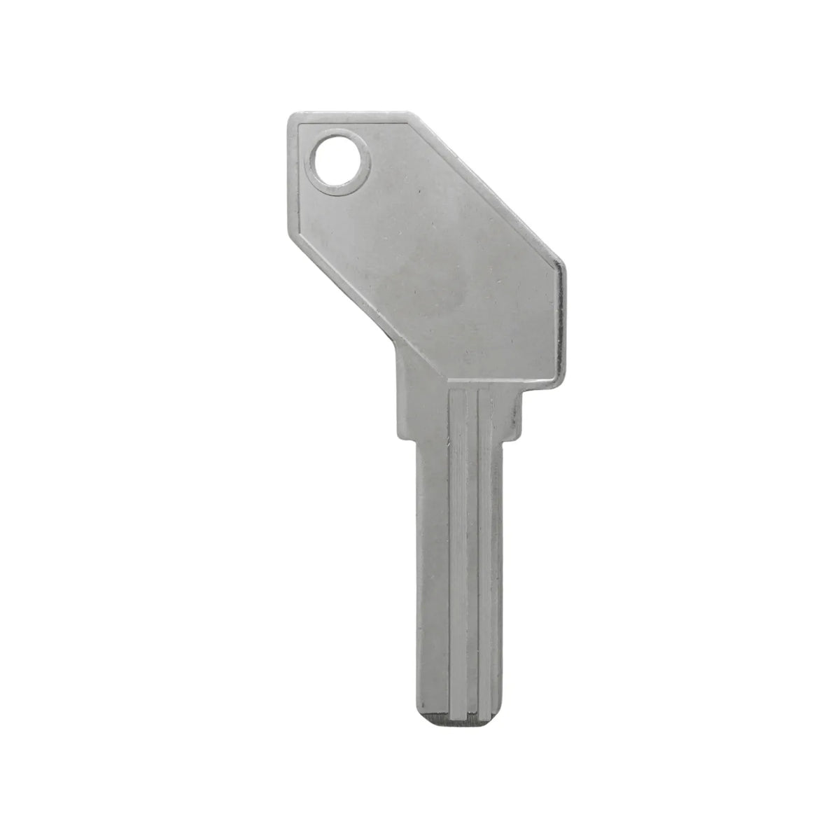 Llave en blanco metálica plateada con cabeza pentagonal y ranuras para duplicado de cerraduras residenciales