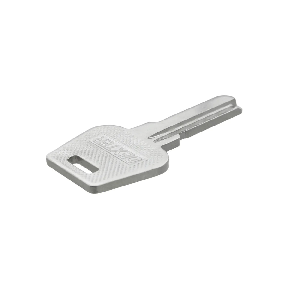 Llave virgen Dexter de metal plateado para duplicados y servicios de cerrajería profesional.