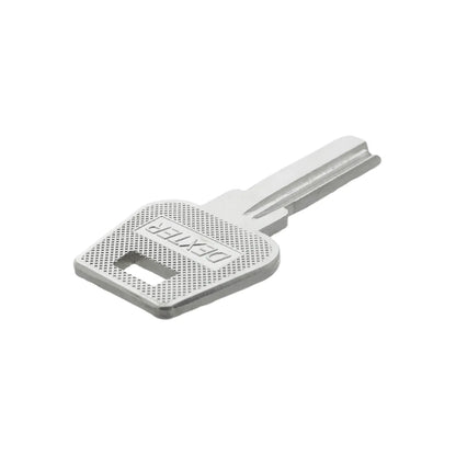 Llave virgen Dexter metálica plateada con cabeza rectangular texturizada para duplicados en cerrajería.