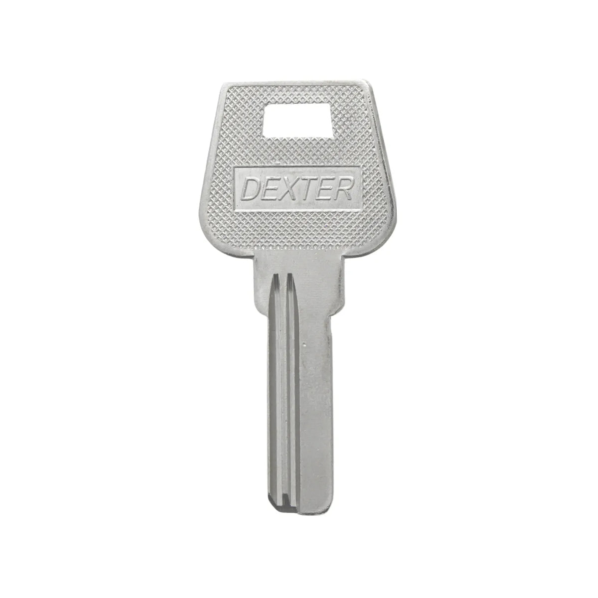 Llave virgen marca Dexter color plata para duplicados de cerrajería en puertas y cilindros residenciales.