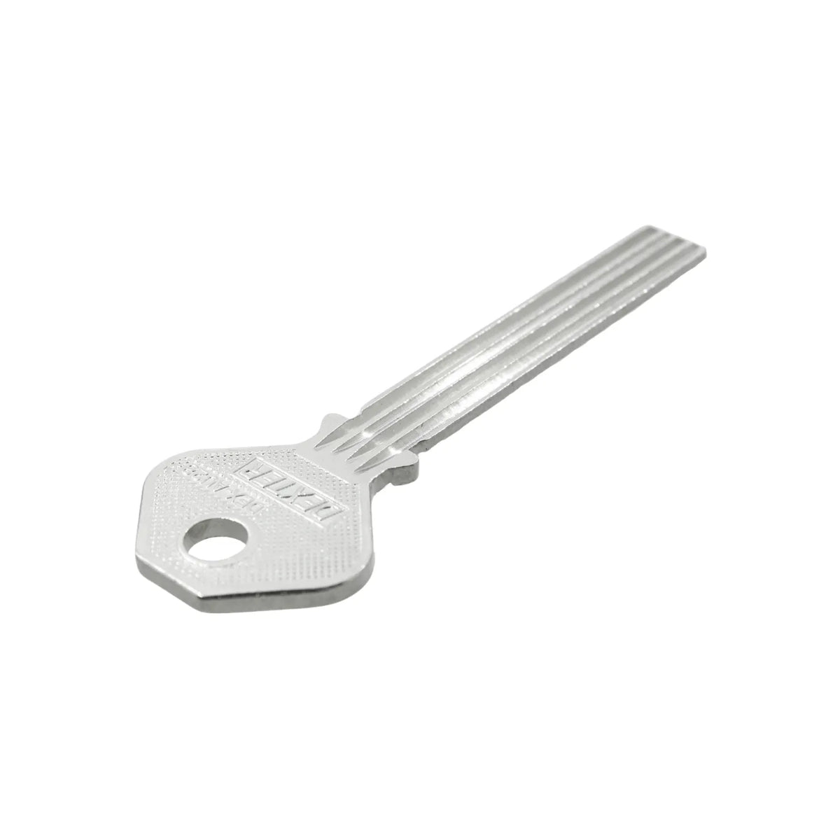 Llave virgen marca Dexter niquelada para duplicado de cerraduras y cilindros de seguridad.