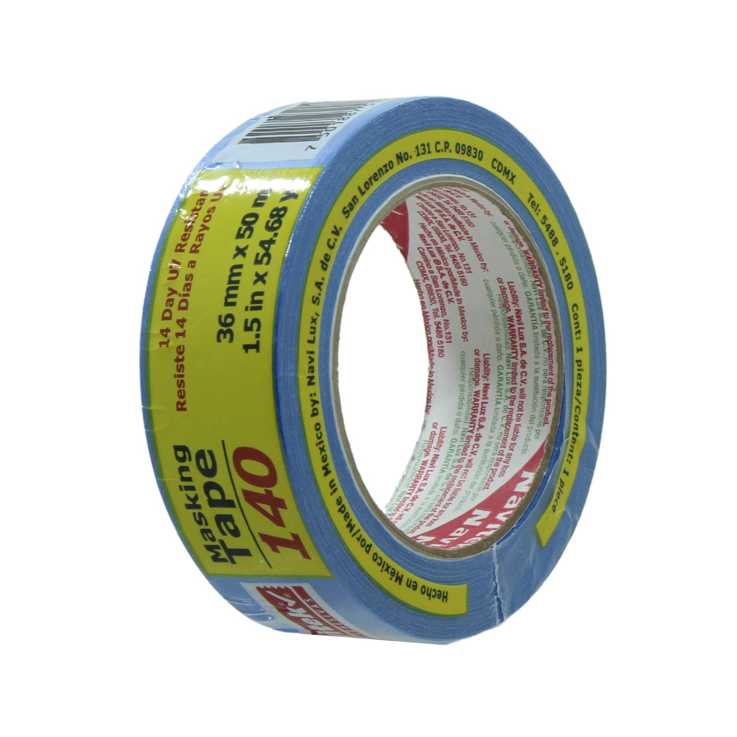 Cinta masking tape azul Navi Lux 36mm x 50m, resistente UV 14 días para pintura y proyectos.
