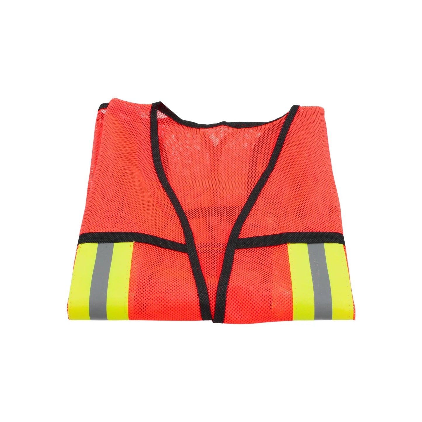 Chaleco de seguridad naranja de malla con bandas reflectantes amarillas y grises, doblado