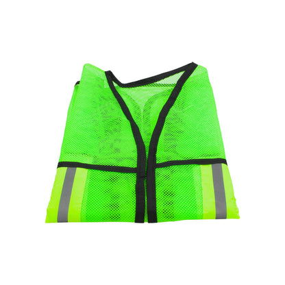 Chaleco de seguridad verde de malla con bandas reflectantes grises y ribete negro, plegado para alta visibilidad