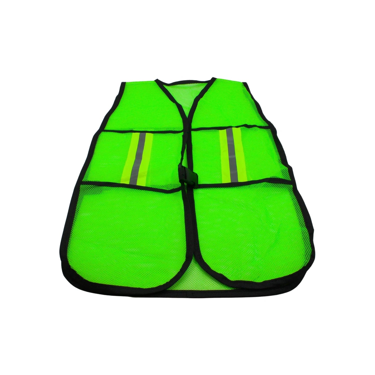 Chaleco de seguridad verde fluorescente de malla con cintas reflectantes, ideal para alta visibilidad en obra o carretera