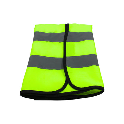 Chaleco de seguridad amarillo neón con dos franjas reflectantes grises para alta visibilidad y protección laboral.