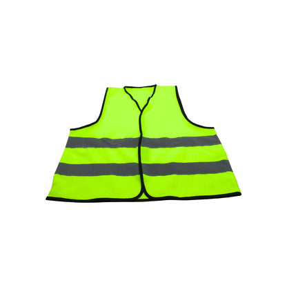 Chaleco de seguridad amarillo fluorescente con bandas reflectantes grises, alta visibilidad para obra o tráfico.