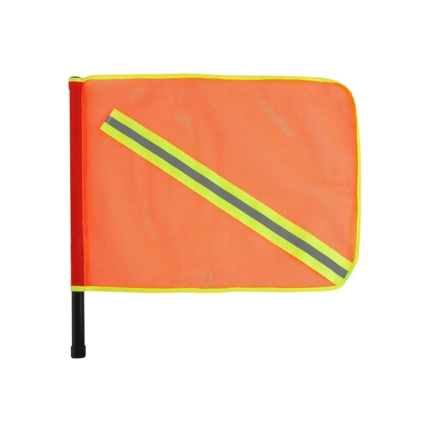 Banderín de seguridad naranja de malla con franja reflectante para vehículos y señalización vial.