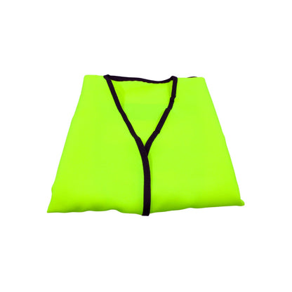 Chaleco de seguridad amarillo fluorescente, plegado, con ribete negro para alta visibilidad.