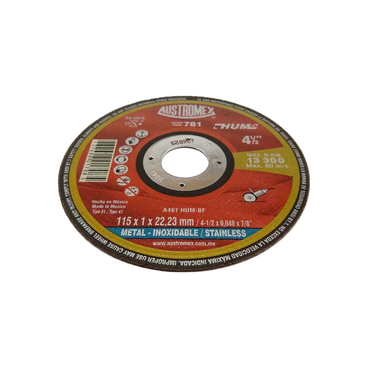 Disco de corte Austromex 781 rojo para metal inoxidable 4 1/2" (115mm), 13,300 RPM.