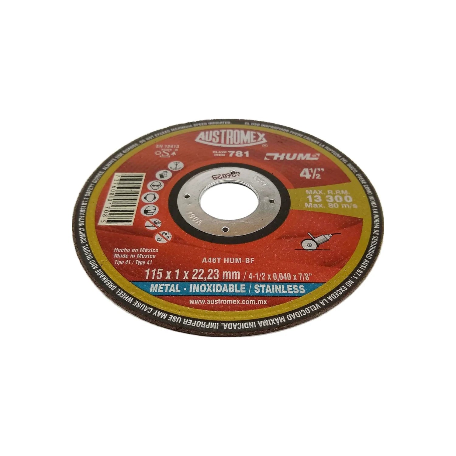 Disco de corte Austromex 781 rojo para metal inoxidable 4 1/2" (115mm), 13,300 RPM.