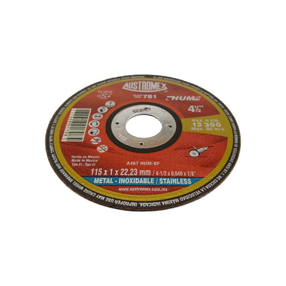 Disco de corte Austromex 781 rojo para metal inoxidable 4 1/2" (115mm), 13,300 RPM.