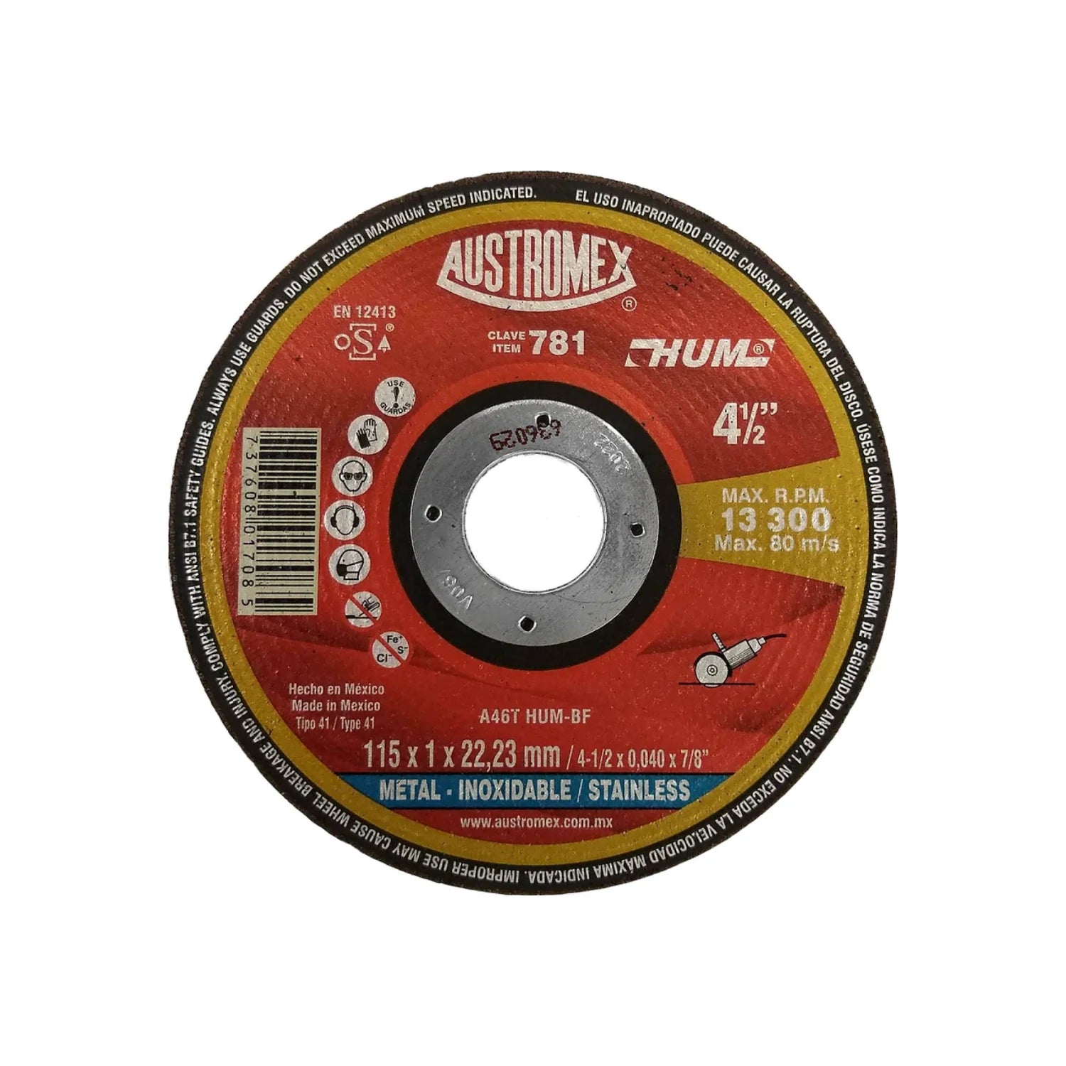 Disco de corte Austromex rojo 4 1/2" para metal y acero inoxidable. Máx 13300 RPM. Compatible con amoladora.