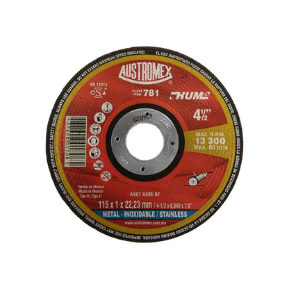 Disco de corte Austromex rojo 4 1/2" para metal y acero inoxidable. Máx 13300 RPM. Compatible con amoladora.