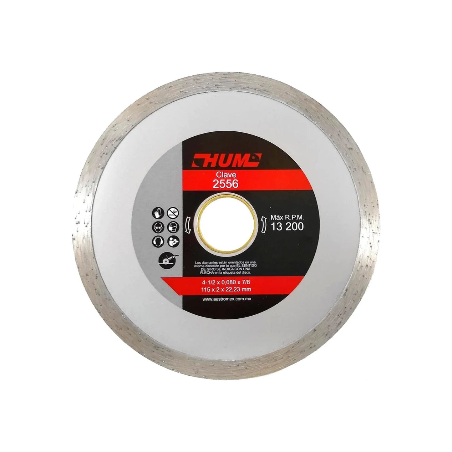 Disco diamantado HUM 4 1/2" (115mm) corona continua 13200 RPM para corte húmedo cerámico