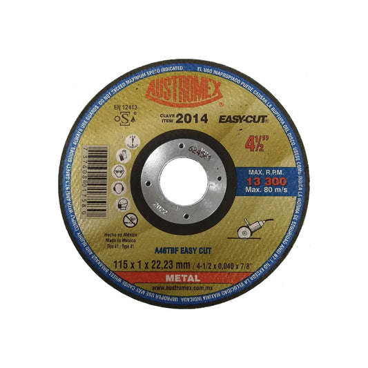 Disco de corte abrasivo Austromex 4 1/2 pulgadas para metal, modelo 2014 Easy-Cut, uso profesional