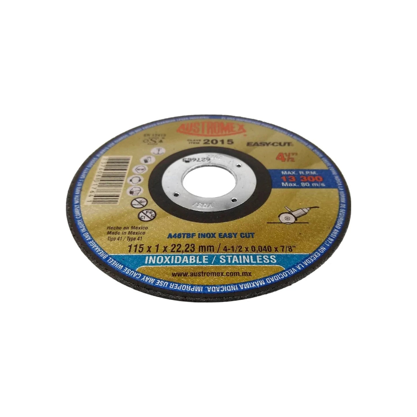 Disco de corte Austromex Easy-Cut 4.5" para acero inoxidable A46TBF, 13300 RPM