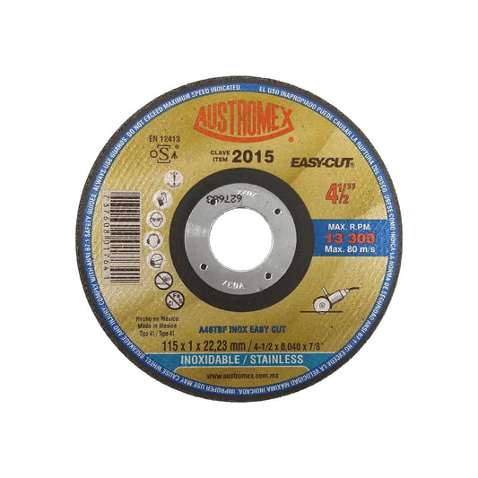 Disco de corte Austromex 2015 Easy-Cut 4 1/2" para acero inoxidable, máximo 13300 RPM.