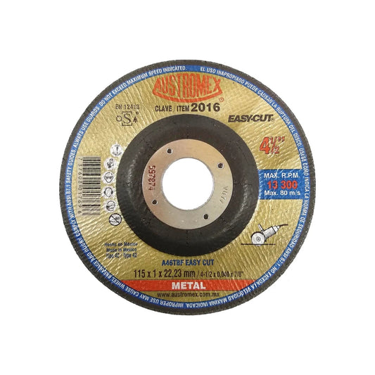 Disco de corte Austromex EASY CUT 4 1/2" para metal, abrasivo, corte delgado 1mm, 13300 RPM.