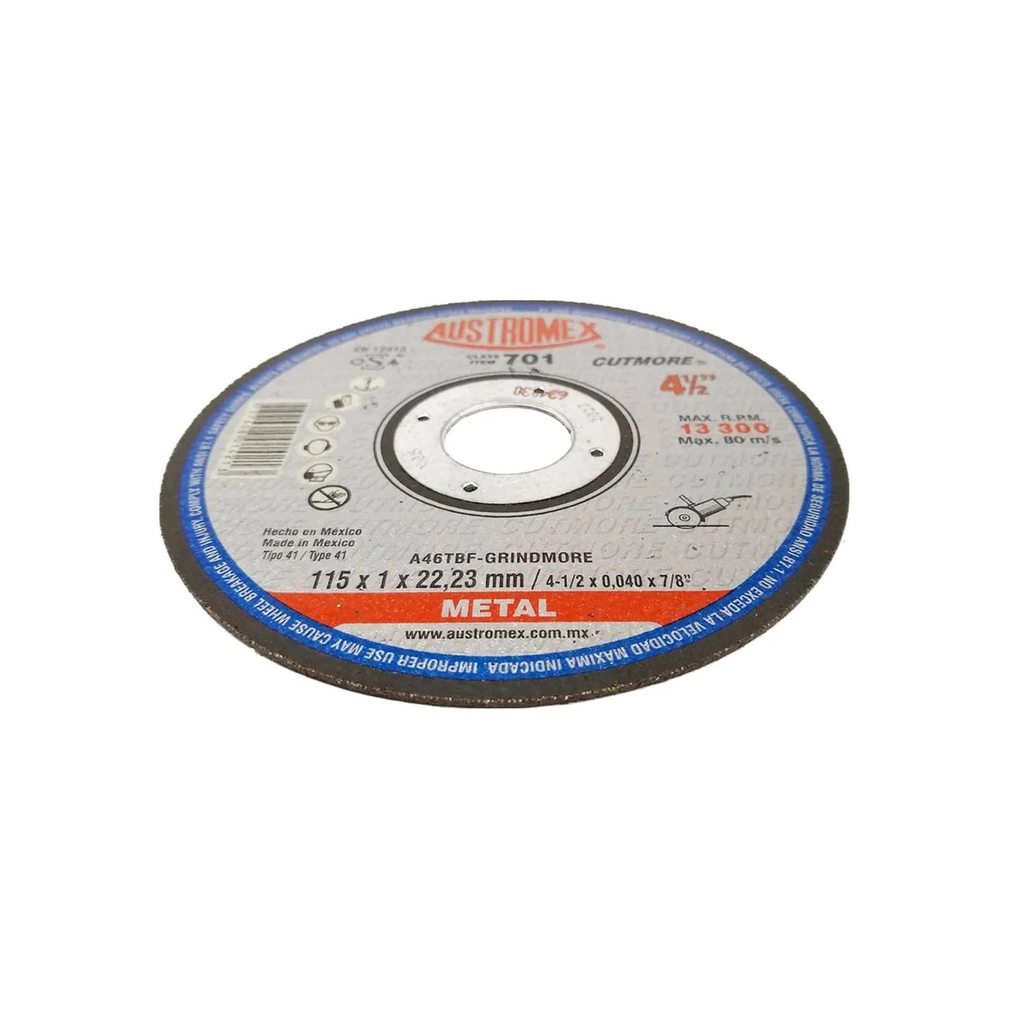 Disco de corte Austromex 701 para metal de 4 1/2 pulg (115mm), abrasivo, 13300 RPM