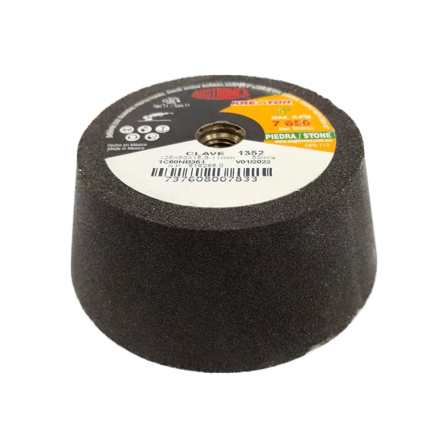 Esmeril de copa Austromex 5 pulgadas para desbaste de concreto y piedra, grano 60, color negro. Clave 1352.