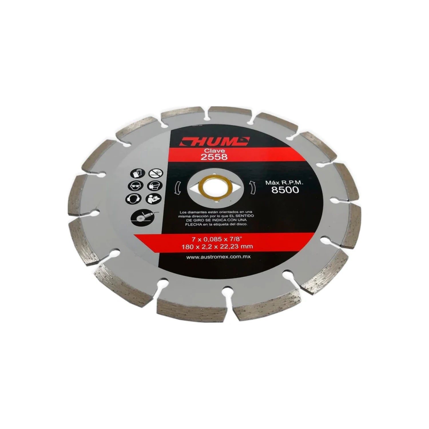 Disco diamantado segmentado HUM 7" (180mm) 8500 RPM para corte de concreto, ladrillo y mampostería