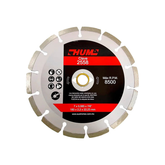 Disco diamantado segmentado HUM 7" (180mm) para corte de concreto, ladrillo y mampostería