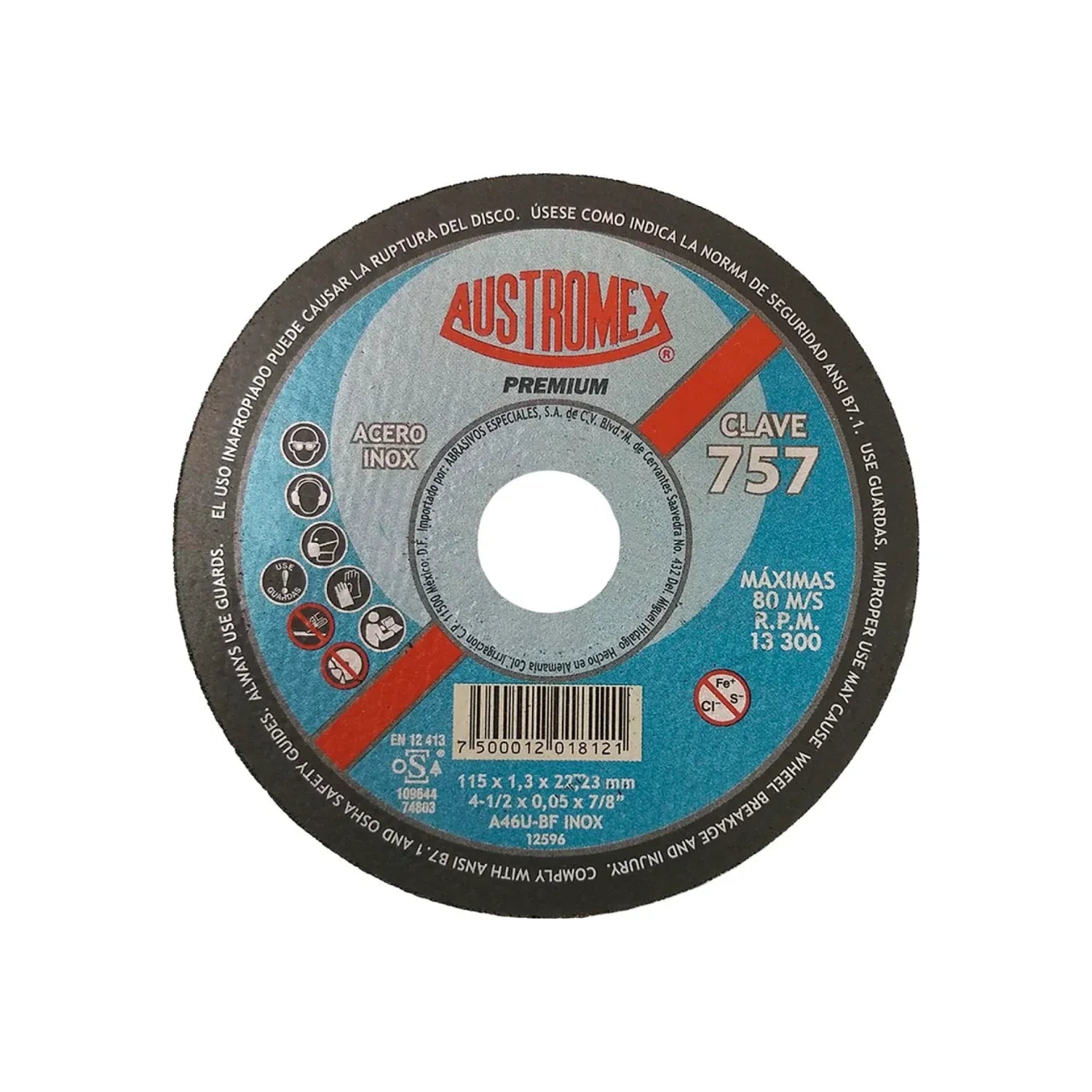 Disco de corte Austromex 757, 4 1/2" premium para metal y acero inoxidable, 13300 RPM