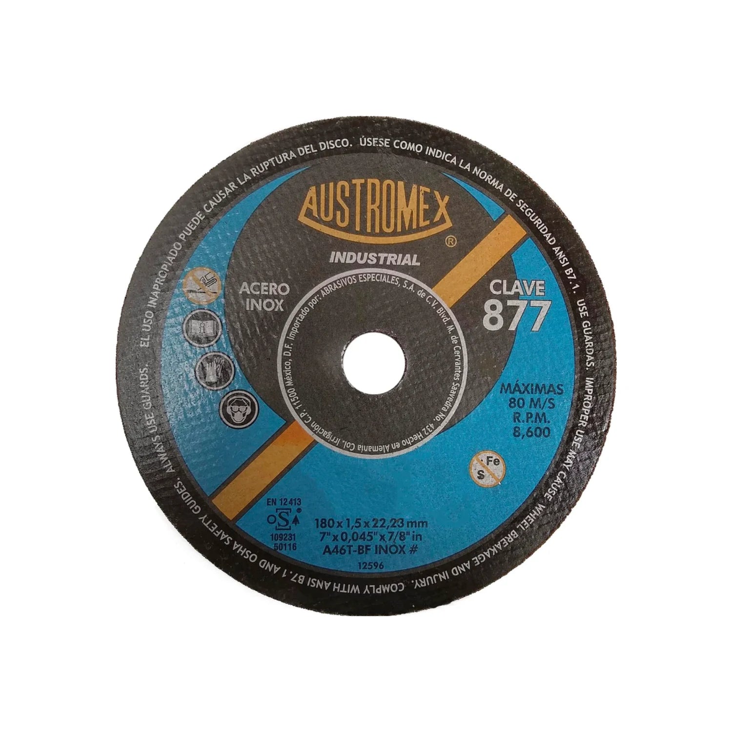 Disco de corte Austromex 877 para metal y acero inoxidable 7" x 0.045" industrial negro y azul