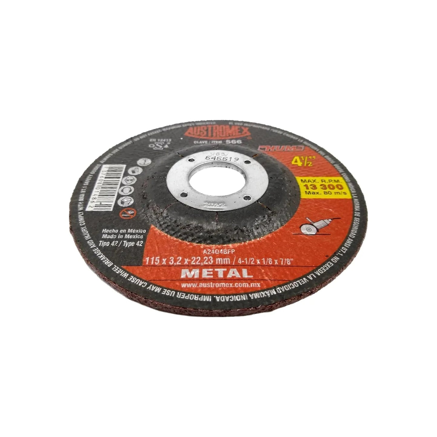 Disco de corte de metal Austromex 4 1/2 pulgadas abrasivo, max 13300 RPM, para esmeriladora