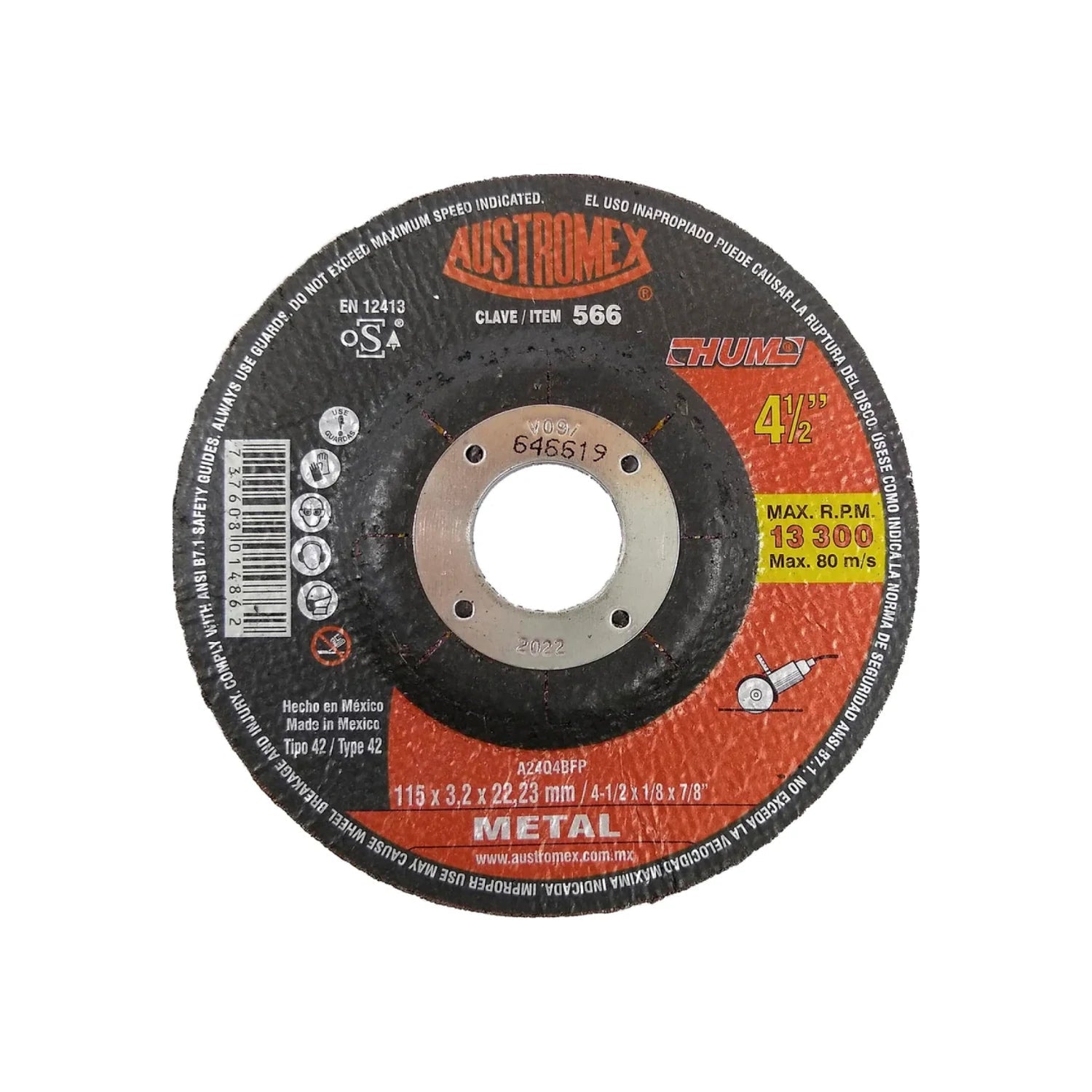 Disco de corte Austromex 566 para metal 4 1/2 pulgadas 13,300 RPM negro y rojo para esmeriladora