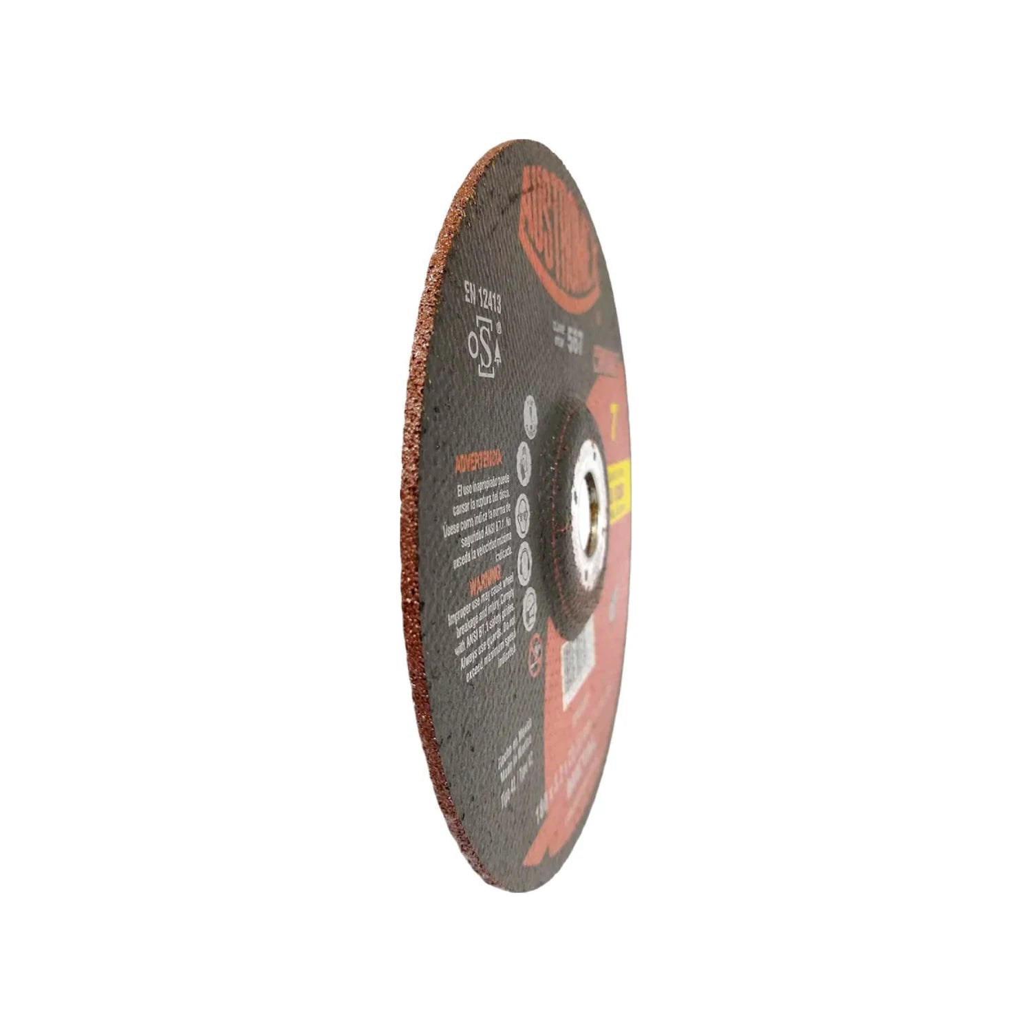 Disco de corte para metal Austromex 567, 7 pulgadas, abrasivo, color negro y naranja con advertencias de seguridad