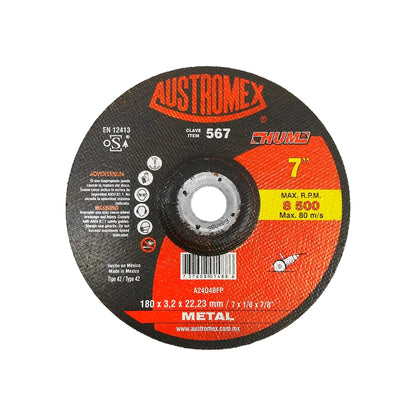 Disco de corte Austromex 567 para metal 7 pulgadas (180mm) negro y rojo, máximo 8500 RPM.