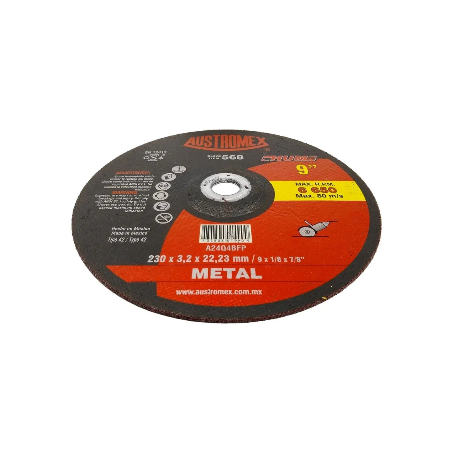 Disco de corte Austromex 9" (230mm) para metal, abrasivo de alta velocidad para esmeriladora, Tipo 42.