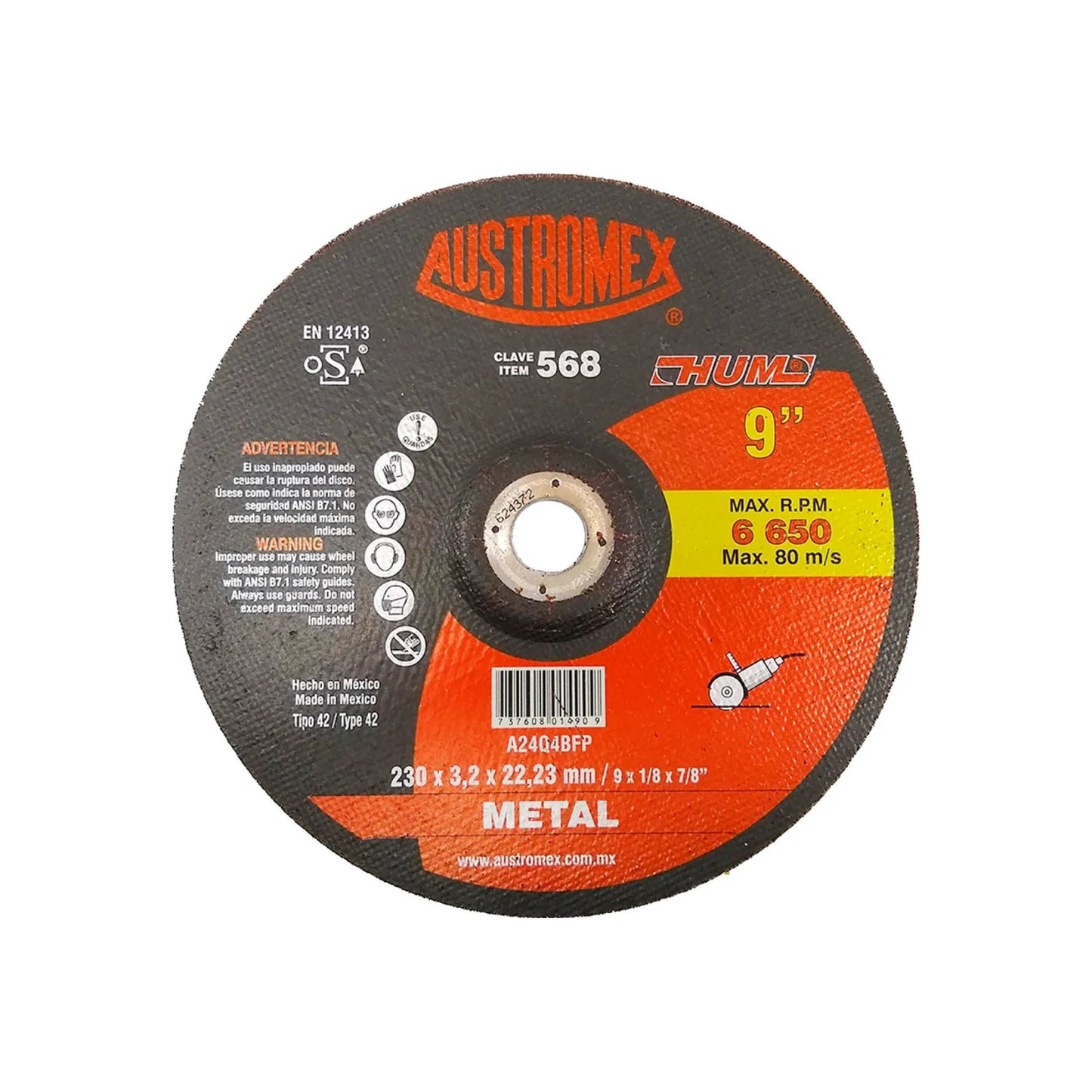 Disco de corte abrasivo Austromex 9 pulgadas para metal, alta velocidad 6650 RPM, negro/naranja