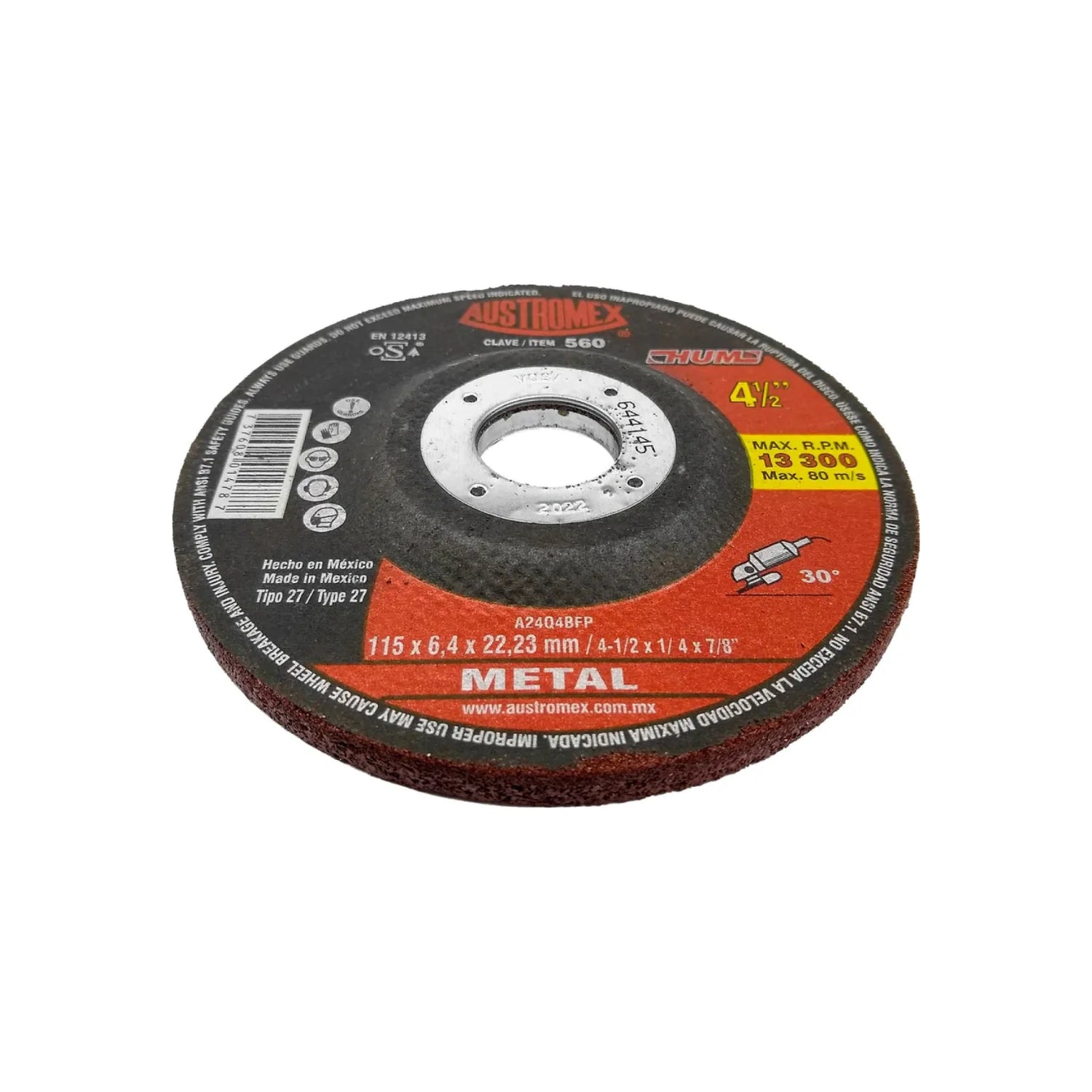 Disco de desbaste Austromex 4 1/2 pulgadas para metal, 13300 RPM, tipo 27