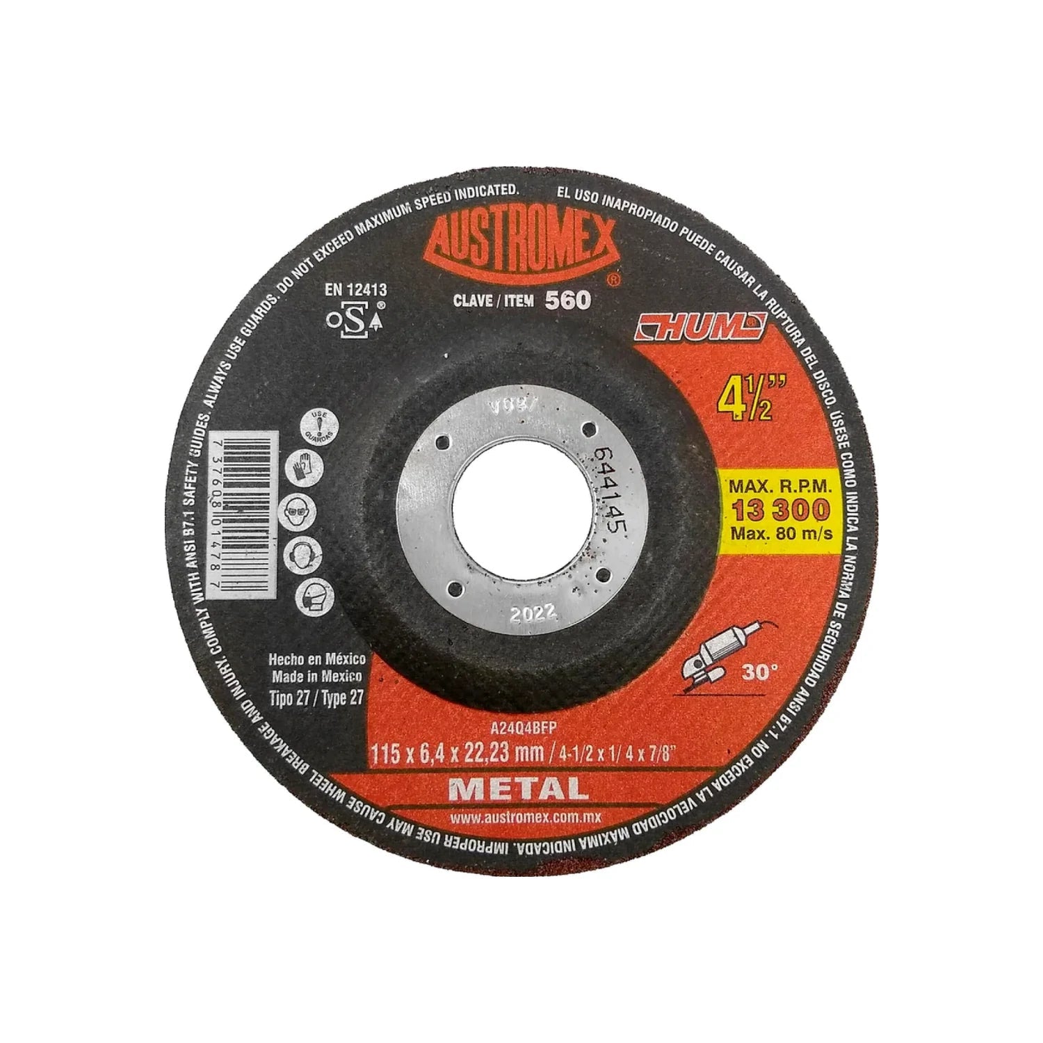 Disco de desbaste Austromex 4 1/2" x 1/4" para metal, 13300 RPM, negro y rojo, uso profesional, Tipo 27.