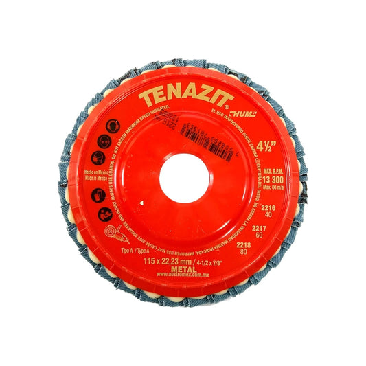Disco laminado Tenazit 4 1/2" grano 40 Austromex, rojo y azul, ideal para desbaste y pulido de metal
