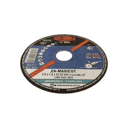Disco de corte Austromex Maxicut 4 1/2 pulgadas para acero inoxidable, 13,300 RPM, alta velocidad.