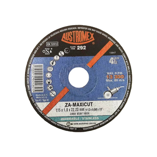 Disco de corte Austromex ZA-MAXICUT 4 1/2" delgado para acero inoxidable y metal, 13,300 RPM