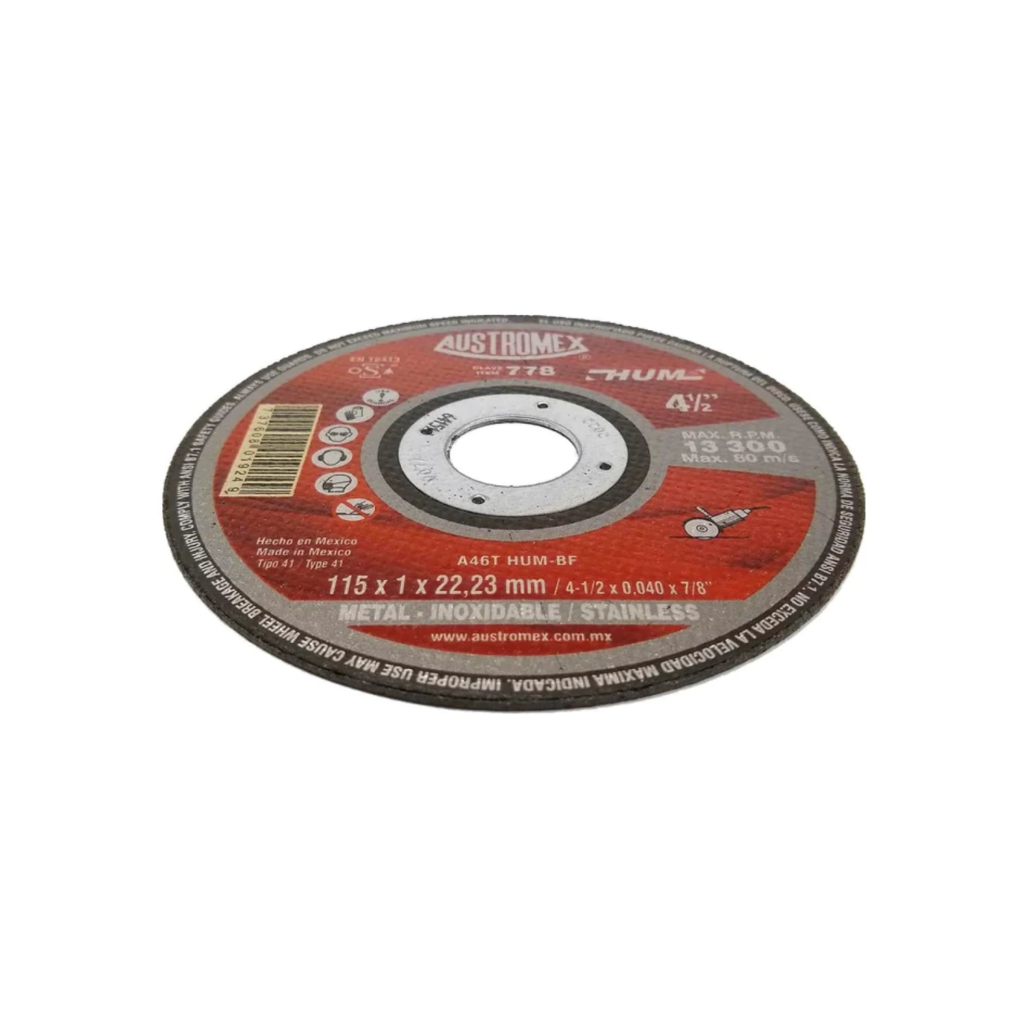 Disco de corte Austromex 778 rojo 4 1/2" para acero inoxidable y metal delgado